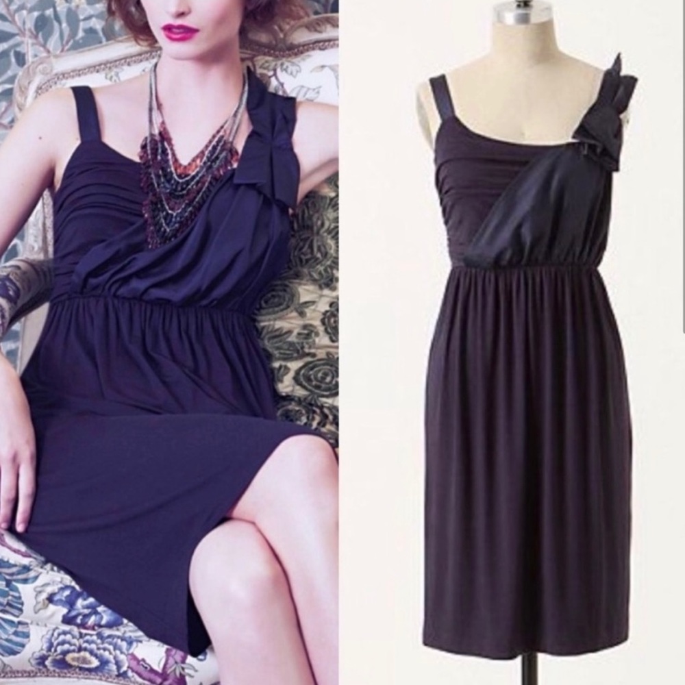 Anthropologie Deletta Broughton Navy Blue Knit Silk Bow Detail Dress - XS